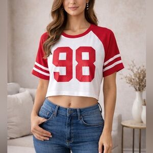 Starlet Women’s Red White 98 Graphic Crop Top Raglan Jersey Tee Size Large